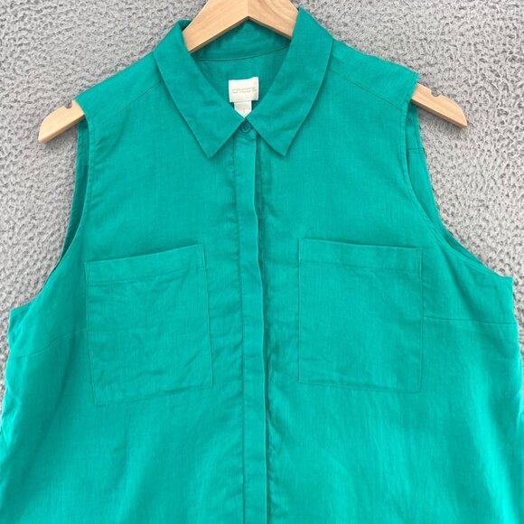 Chicos Top Womens 3 US XL Linen Green Button Up Collar Sleeveless Tunic Slit - Picture 2 of 9